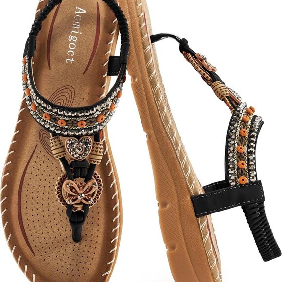 Women Flat Sandals Bohemian Rhinestone Comfort Summer Casual Outdoor - Picture 1 of 6